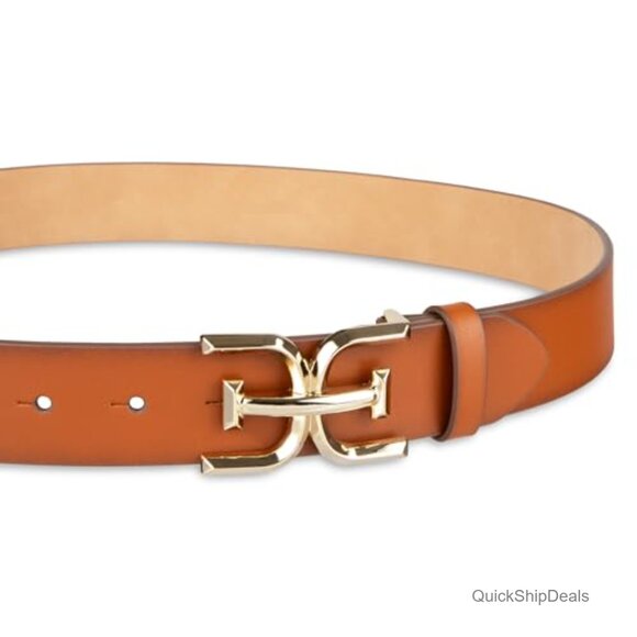 Leather and Polyurethane Belt with Double-E Logo Plaque Buckle